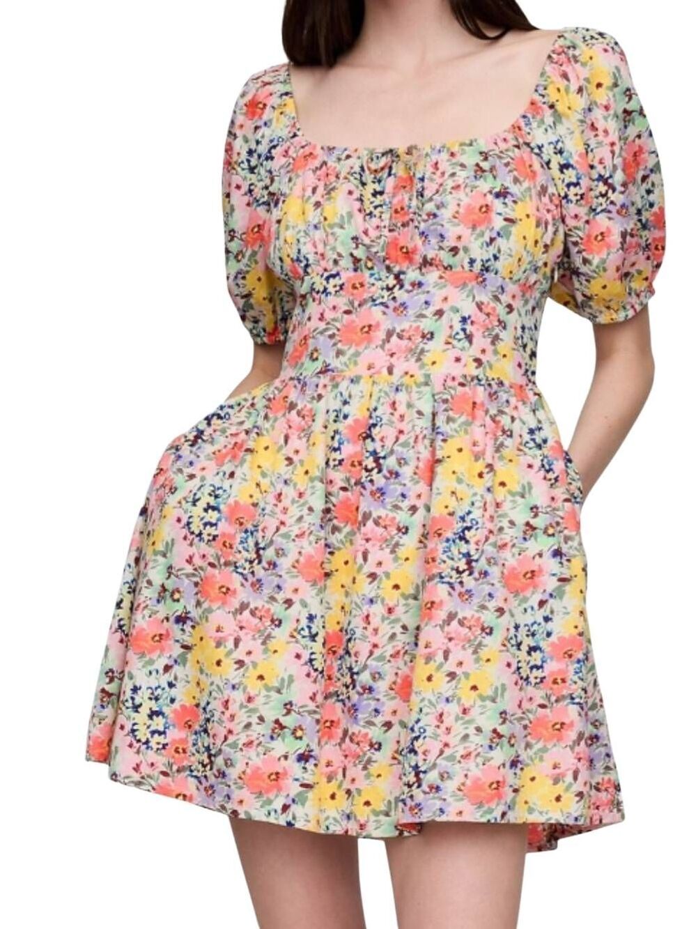 NWT GAP Dress Women's Small Petite Multicolor Floral Puff Sleeve Mini Cotton